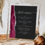 Bröllop Pub Menu Burgundy Silver Agate Mörk Poster<br><div class="desc">Ett tecken på elegant för menyn bröllop pub. Menyn "pub" i ord visas i silver grått-handskriftsalternativ med dekortecken i början och slutet, med anpassadet nedan. En burgomagatdesign som trimmas med silver faux glitter dekorerar det lämnat gräns på en skiffersvart bakgrund. Se vår samling för att matcha bröllopsinbjudan och dokumentets dag....</div>