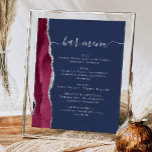 Bröllop Pub Menu Burgundy Silver Agate Navy Blue P Poster<br><div class="desc">Ett tecken på elegant för menyn bröllop pub. Menyn "pub" i ord visas i silver grått-handskriftsalternativ med dekortecken i början och slutet, med anpassadet nedan. En burgomagatdesign som trimmas med silver faux glitter dekorerar det lämnat gräns på en marin blå bakgrund. Se vår samling för att matcha bröllopsinbjudan och dokumentets...</div>