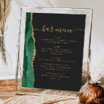 Bröllop Pub Menu Emerald Grönt Guld Agate Mörk Poster<br><div class="desc">Ett tecken på elegant för menyn bröllop pub. Menyn "pub" i ord visas i guld-färgad-handskriftsdiagram med dekortecken i början och slutet, med anpassadet nedan. En havsfärgad agatdesign i emerald grönt som trimmas med guld faux glitter dekorerar det lämnat gräns på en svart bakgrund i skiffer. Se vår samling för att...</div>
