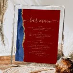 Bröllop Pub Menu Navy Blue Guld Agate Burgundy Poster<br><div class="desc">Ett tecken på elegant för menyn bröllop pub. Menyn "pub" i ord visas i guld-färgad-handskriftsdiagram med dekortecken i början och slutet, med anpassadet nedan. Ett marint blåfärgat vattenskikt som trimmas med guld faux glitter dekorerar det lämnat gräns på en burgundröd bakgrund. Se vår samling för att matcha bröllopsinbjudan och dokumentets...</div>