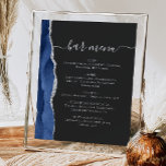 Bröllop Pub Menu Navy Blue Silver Agate Mörk Poster<br><div class="desc">Ett tecken på elegant för menyn bröllop pub. Menyn "pub" i ord visas i silver grått-handskriftsalternativ med dekortecken i början och slutet, med anpassadet nedan. Ett marint blåfärgat agatmönster som trimmas med silver faux glitter dekorerar det lämnat gräns på en svart bottenplatta. Se vår samling för att matcha bröllopsinbjudan och...</div>