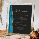 Bröllop Pub Menu Teal Blue Guld Agate Mörk Poster<br><div class="desc">Ett tecken på elegant för menyn bröllop pub. Menyn "pub" i ord visas i guld-färgad-handskriftsdiagram med dekortecken i början och slutet, med anpassadet nedan. En färgad vattenfärgagatdesign som trimmas med guld faux glitter dekorerar det lämnat gräns på en svart bottenplatta. Se vår samling för att matcha bröllopsinbjudan och dokumentets dag....</div>
