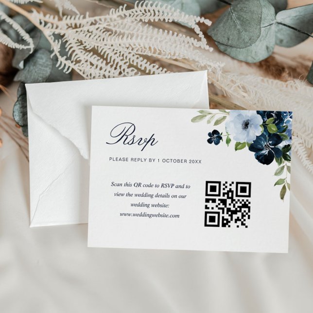 bröllop QR-OSA kort för marin ljusblå blommigt (Skapare uppladdad)