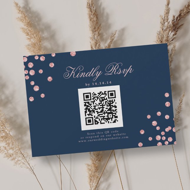 Bröllop QR OSA Ro Guld Konfetti marinblått  (Wedding QR RSVP Rose Gold Confetti Navy Blue )