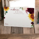 Bröllop-rådgivningskortet minskar antalet solblomm rådkort<br><div class="desc">Solblommor och Ro Fall Wedding Advice Card : Det här kortet har tomt utrymme för gästerna att fylla i råd eller önskemål. Den har solblommor och burgundisk röd ros.</div>