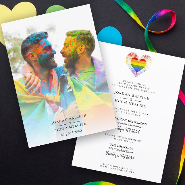 Bröllop Rainbow Heart LGBT Engelskt par foto Inbjudningar (Skapare uppladdad)