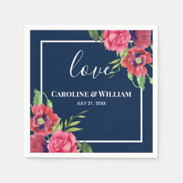 Bröllop Red and Rosa Flowers Mörk Navy Blue Pappersservett