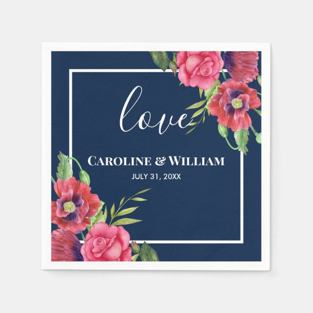 Bröllop Red and Rosa Flowers Mörk Navy Blue Pappersservett (Framsidan)