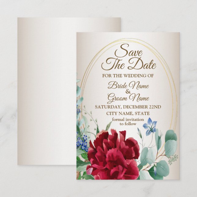 Bröllop Red Flower Grönt Löv Golden Ram Tan Spara Datumet (Fram/baksida)