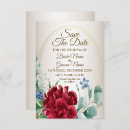 Bröllop Red Flower Grönt Löv Golden Ram Tan Spara Datumet