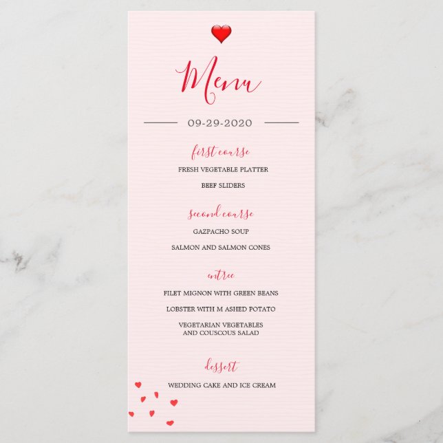 Bröllop Red Heart Modern Simple Bröllop Menu Program (Framsida)