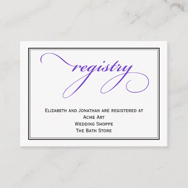 Bröllop-registreringskort för lila-skript tilläggskort (Framsida)