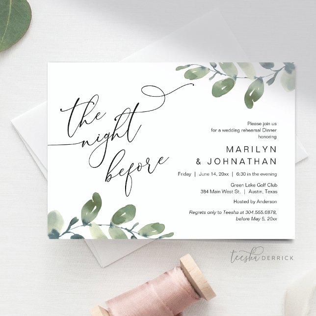 Bröllop Rehearsal Dinner, Eucalyptus Greenery Inbjudningar (Wedding Rehearsal Dinner, Eucalyptus Greenery Invitation Card, The Night before, Modern Minimal)