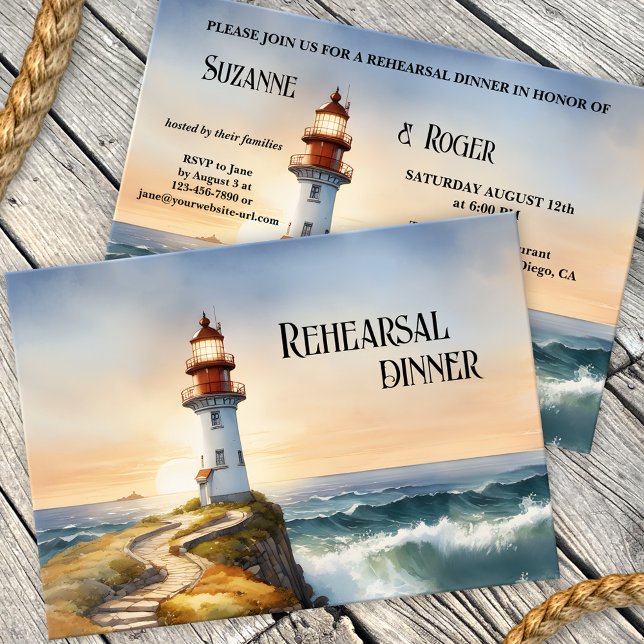 Bröllop Rehearsal Dinner för vattenfärgsfyr Inbjudningar (Nautical Rehearsal Dinner invitation featuring a watercolor painting of a lighthouse at sunset)