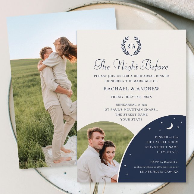 Bröllop Rehearsal Dinner Monogram Photo Navy Blue Inbjudningar (Skapare uppladdad)
