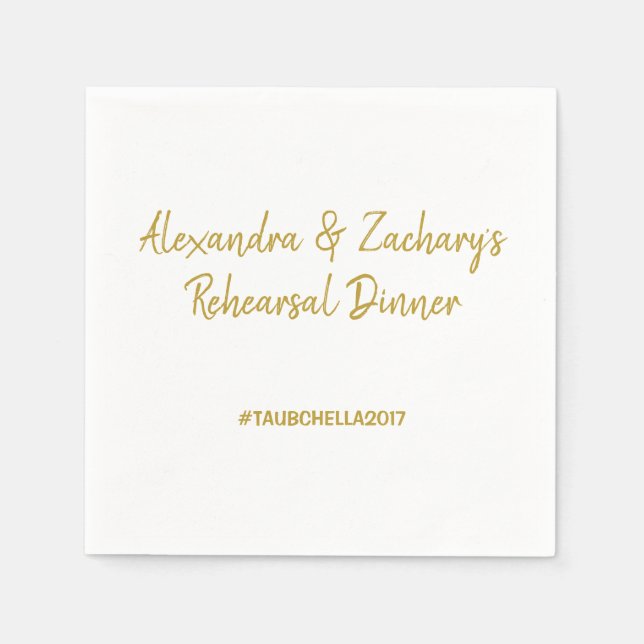 Bröllop Rehearsal Dinner Napkins med Hashtag Guld Pappersservett (Framsidan)