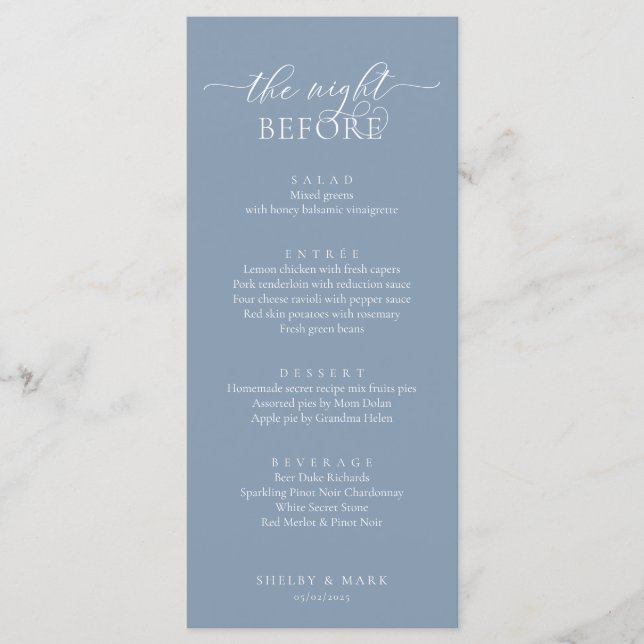 Bröllop Rehearsal Dinner, Romantic Dusty Blue Meny (Framsida)