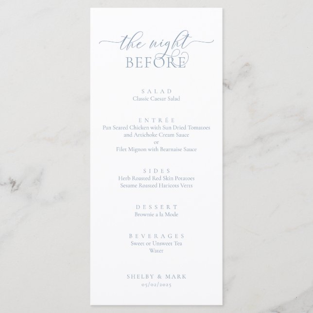 Bröllop Rehearsal Dinner, Romantic Dusty Blue Meny (Framsida)