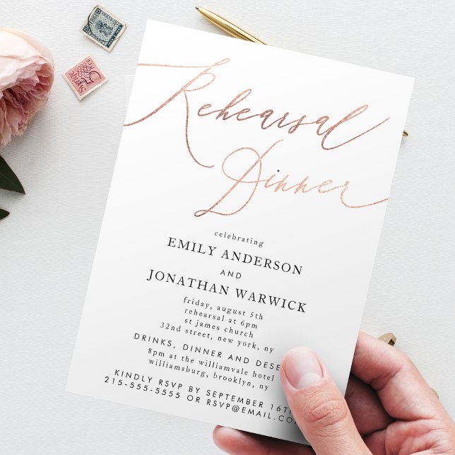 Bröllop Rehearsal i Modern Ro Guld Calligraphy Inbjudningar (Skapare uppladdad)