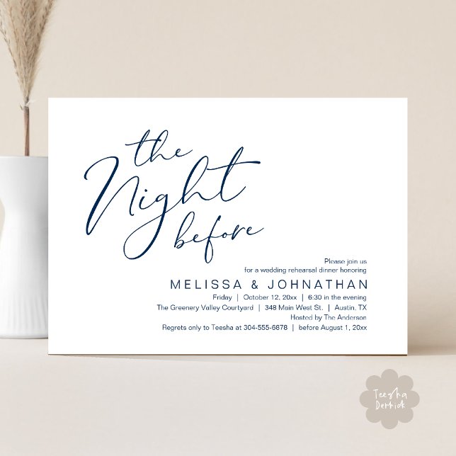 Bröllop Rehearsal Middag kvällen före Inbjudningar (The Night Before Romantic Modern Wedding Rehearsal Dinner Aesthetic Invites PDF Classy Navy Blue)