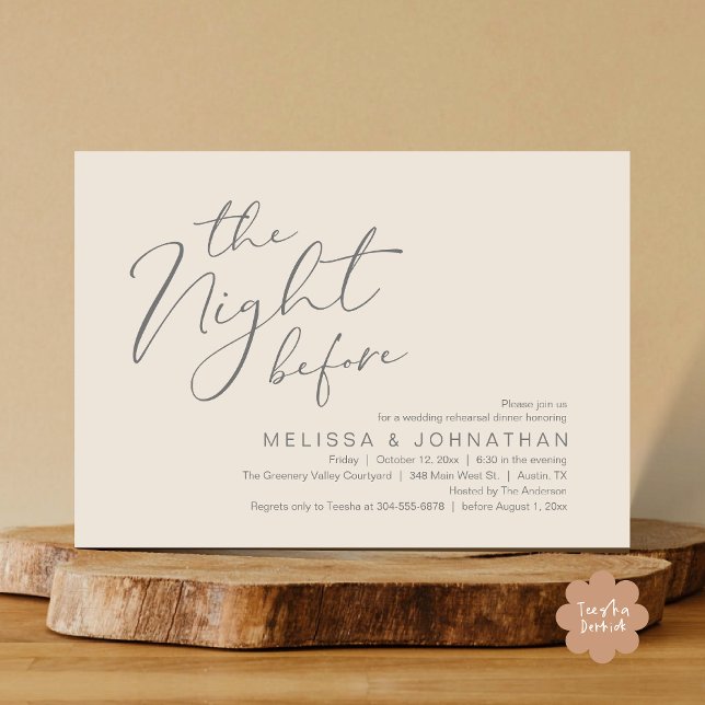 Bröllop Rehearsal Middag kvällen före Inbjudningar (The Night Before Romantic Modern Wedding Rehearsal Dinner Aesthetic Invites PDF Classy Cream Grey)