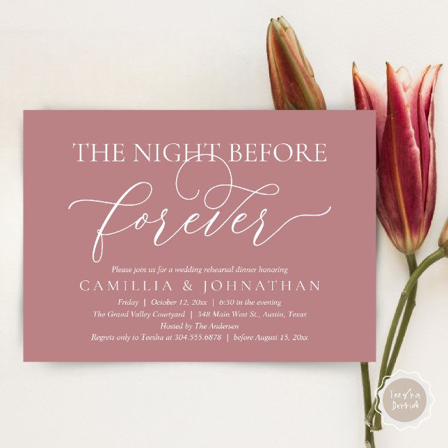 Bröllop Rehearsal Middag, natten före himlen Inbjudningar (The Night Before Forever Wedding Rehearsal Dinner Romantic Classy Invites Card PDF in Dusty Rose )