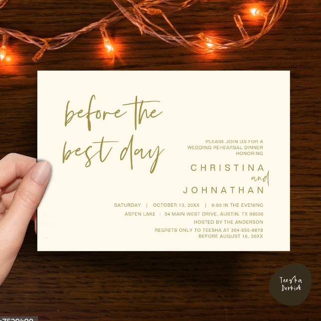 Bröllop-repetitionsmiddag, före bästa dagen inbjudningar (Wedding Rehearsal Dinner, Lunch, Brunch, Before the Best Day Invitation Card, PDF, Yellow Gold)