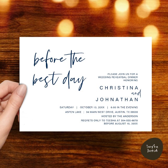 Bröllop-repetitionsmiddag, före bästa dagen inbjudningar (Wedding Rehearsal Dinner, Lunch, Brunch, Before the Best Day Invitation Card, PDF, Navy Blue)