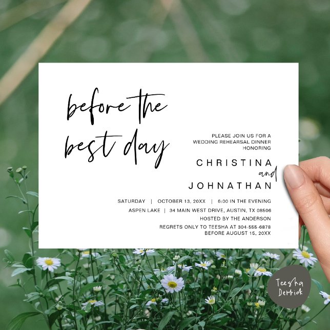 Bröllop-repetitionsmiddag, före bästa dagen inbjudningar (Wedding Rehearsal Dinner, Lunch, Brunch, Before the Best Day Invitation Card, PDF, White Black)