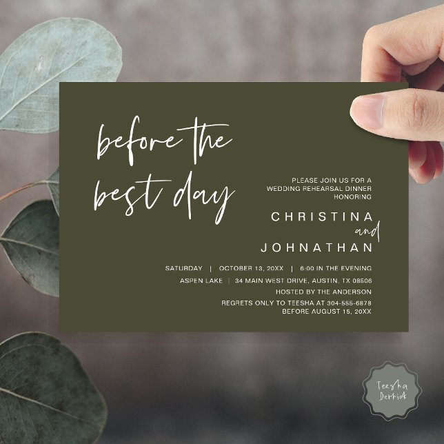 Bröllop-repetitionsmiddag, före bästa dagen inbjudningar (Wedding Rehearsal Dinner, Lunch, Brunch, Before the Best Day Invitation Card, PDF, Olive Green)