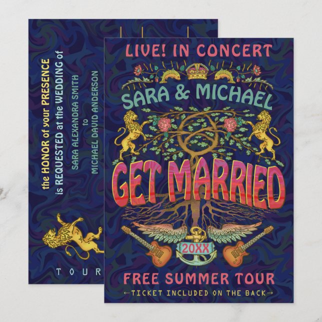 Bröllop Retro 70-tals Band Konsert Biljett Tema Inbjudningar (Fram/baksida)