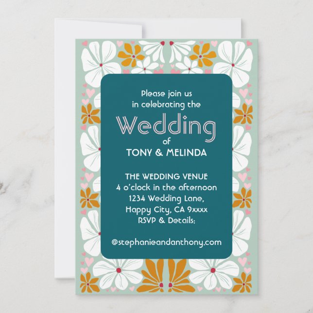 Bröllop Retro Blommor Groovy 70-tal Boho Inbjudningar (Framsida)