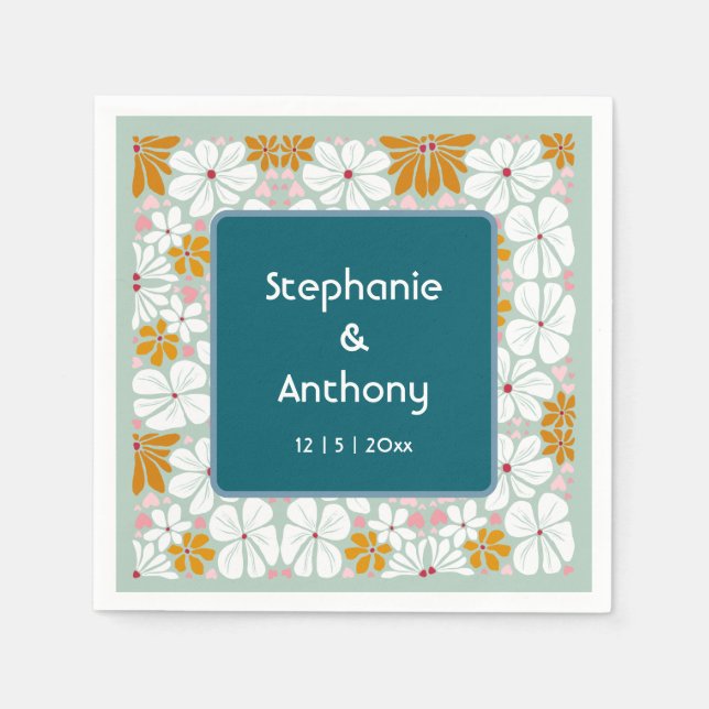 Bröllop Retro Flowers Groovy 70s Boho Pappersservett (Framsidan)