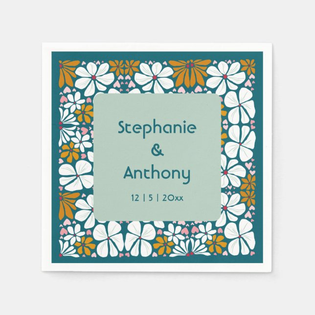 Bröllop Retro Flowers Groovy 70s Boho Pappersservett (Framsidan)
