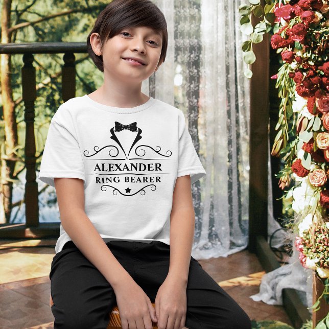 Bröllop Ring Bearer Black Tuxedo Tie White T Shirt (Several sizes and colors to choose from.)