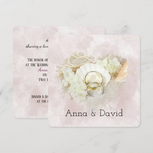 Bröllop Ringar i Seashell strand Heart Inbjudningar (Fram/baksida)