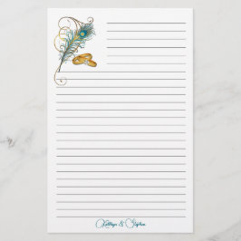 Bröllop Ringar och Teal Peacock Feather Lining Brevpapper