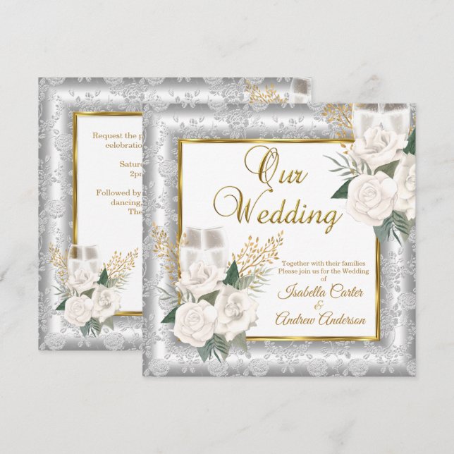 Bröllop Ro Champagne Guld Silver Damask Inbjudningar (Fram/baksida)