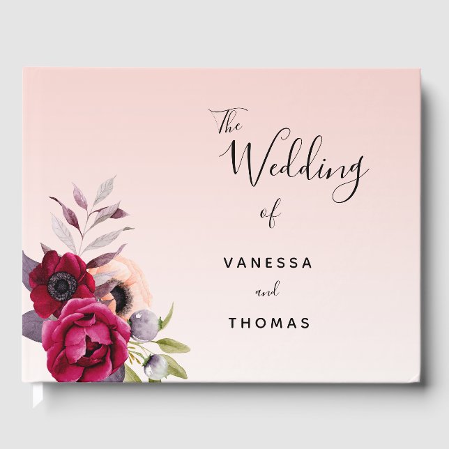 Bröllop ro guld  rosa, burgundära blommigtar gästböcker (Framsida)