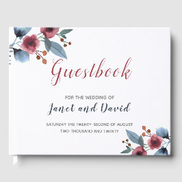 Bröllop, Ro, Gult och Blommigt med blå vattenfärg Gästböcker
