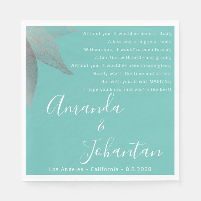 Bröllop Ro Tack Dikt Namn Pappersservett (Framsidan)