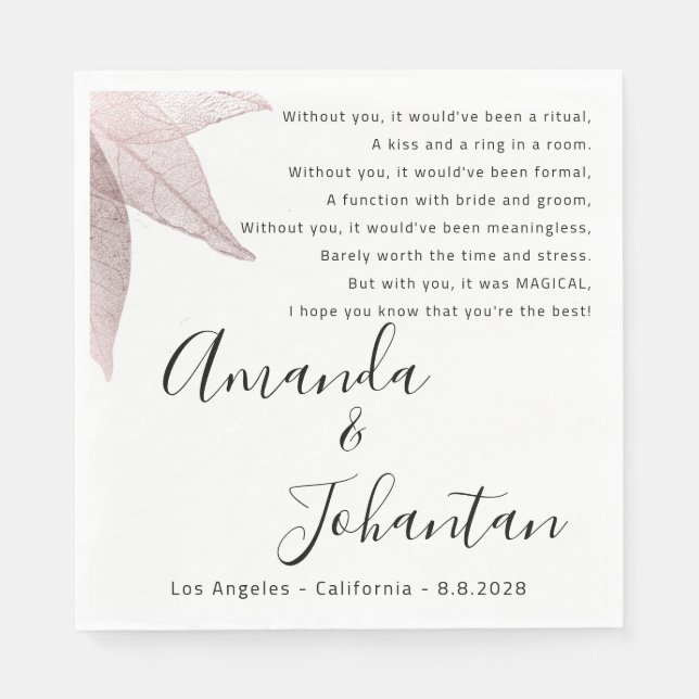 Bröllop Ro, tack, Dikt Svartvit, Blommigt,  Pappersservett (Framsidan)