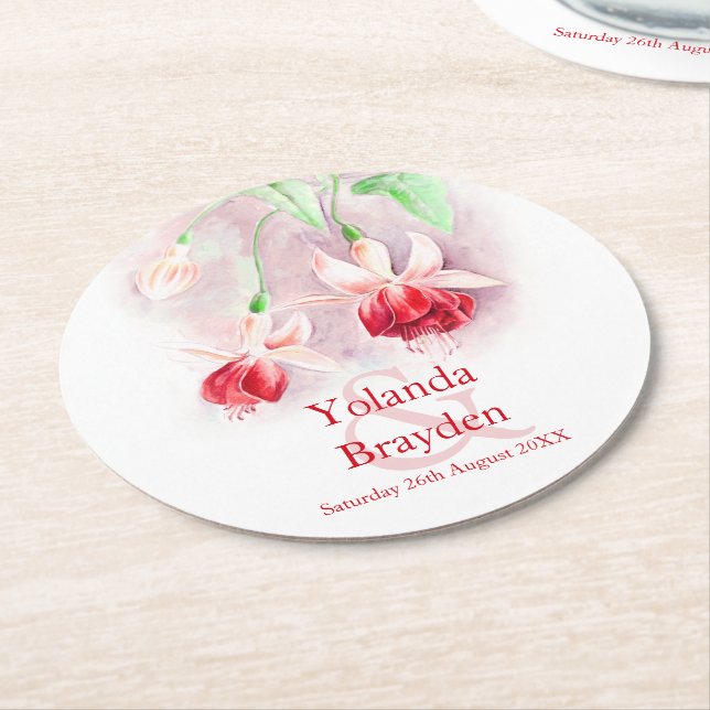 Bröllop röd fuchsia vattenfärgsdel pappra underläg underlägg papper rund (Vinklad)