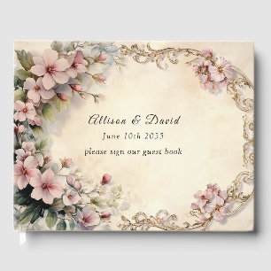 Bröllop Rosa Flowers Gild Filigree Ram Gästböcker