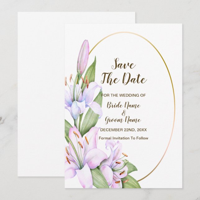 Bröllop Rosa Lily Flowers Golden Ram BeSnyval Spara Datumet (Fram/baksida)