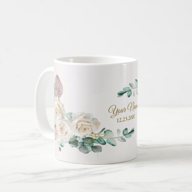 Bröllop Rosa Ros Vattenfärg Guld Dammig Fest Kaffemugg (Framsida vänster)