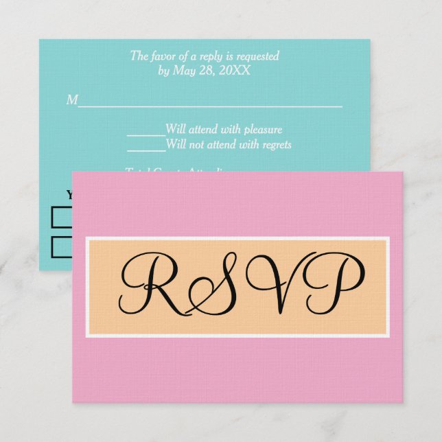 Bröllop Rosa Sandstrand Seafoam Blå RSVP OSA Kort (Fram/baksida)