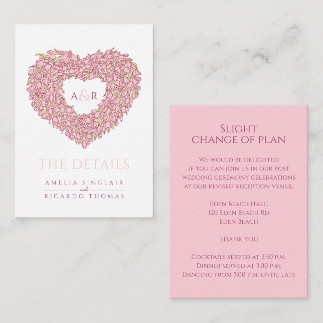 Bröllop: rosa tulips  bouquet monogram tilläggskort (Fram/baksida)