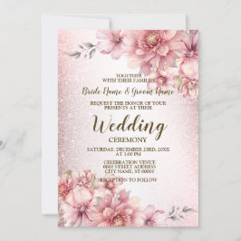 Bröllop Rosa Watercolor Flowers Shiny Glitter Inbjudningar