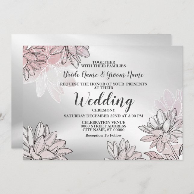 Bröllop Rosa White Flowers Silver Watercolor Inbjudningar (Fram/baksida)